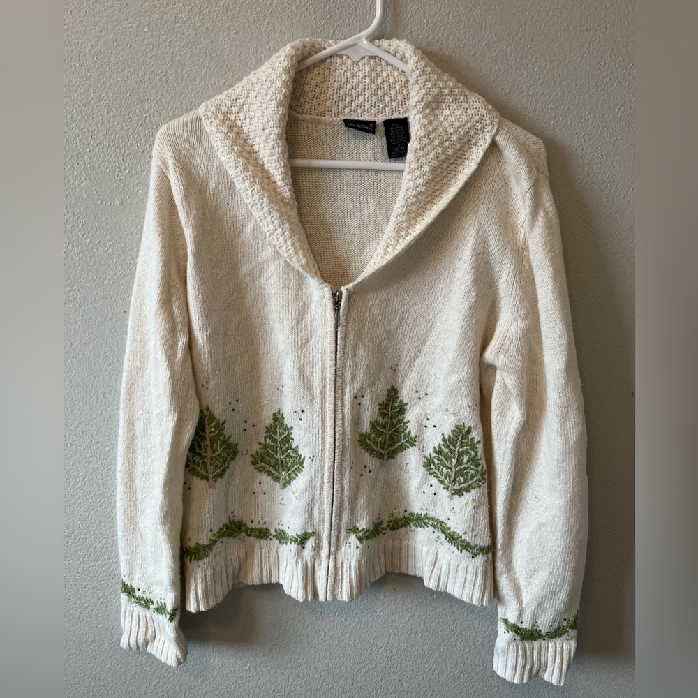 Vintage Beaded Embroidered Northcrest Shawl Collar Trees Zip Up Sweater Grandma